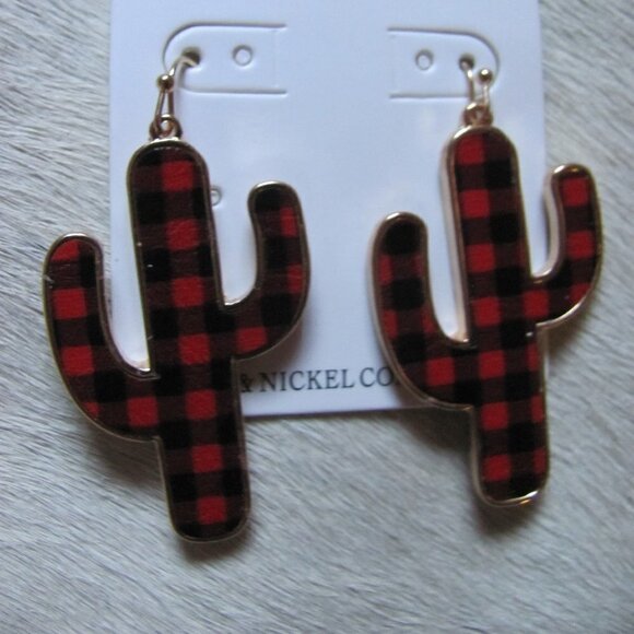 SILVERTONE TRIMMED RED BUFFALO PLAID CACTUS EARRINGS - Picture 1 of 2